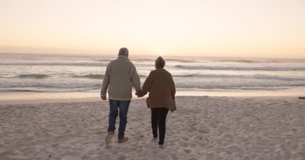 Spacery Plaża Para Seniorów Trzymających Się Ręce Nad Oceanem Zaangażowanie — Wideo stockowe