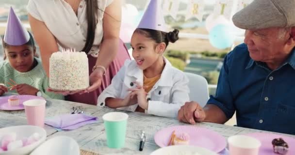 公園内のケーキ お祝いや女の子は誕生日 ピクニックやパーティーイベントのために屋外社会的な集まりのために 子供たちがデザート プレゼント 驚きで応援している祖父 — ストック動画