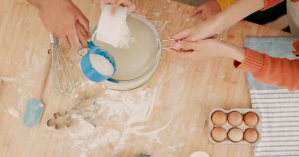 Top View Family Baking Flour Kitchen Learning Having Fun Together — Stock Video
