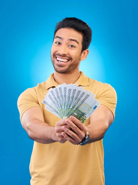 Cash Portret Gelukkige Man Winnaar Voor Bonusaanbieding Financieel Succes Het — Stockfoto