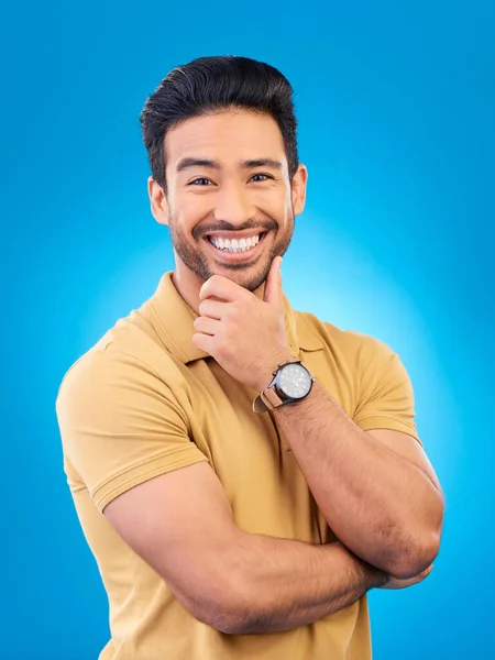 Feliz Homem Sorriso Retrato Estúdio Com Modelo Asiático Com Confiança — Fotografia de Stock