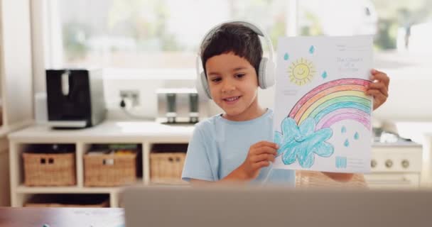 Videollamada Escuela Virtual Niño Con Dibujo Educación Emocionado Con Tarea — Vídeos de Stock
