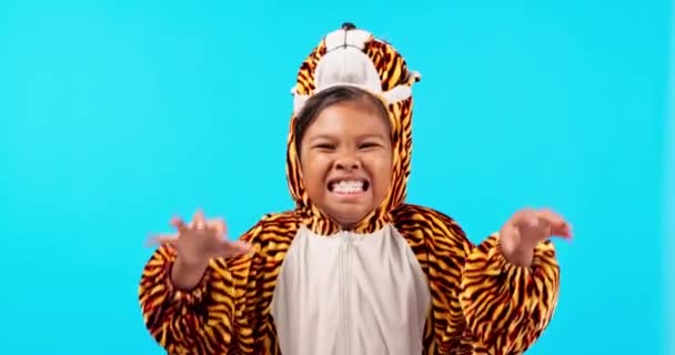 楽しい 遊び心と遊びのためのハロウィーンのおねえさんとスタジオでの女の子の虎の衣装 轟音と顔 子供時代 青の背景と恐怖のための狂気 善良で愚かな表現を持つ子供の肖像画 — ストック動画