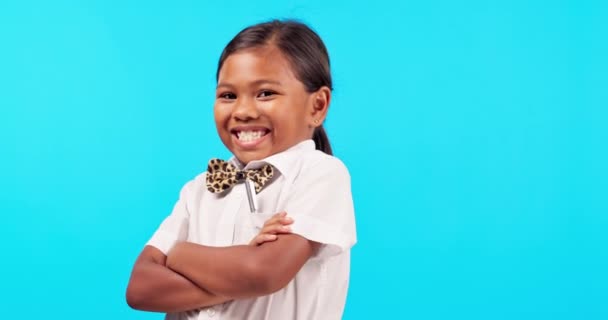 Bow Tie Children Indian Girl Arms Crossed Blue Background Isolated — Stock Video
