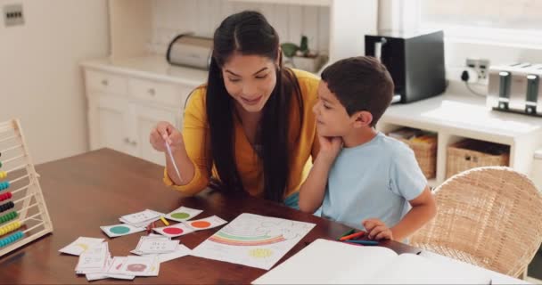 Çak Bir Beşlik Öğretmenlik Anne Çocuğuyla Birlikte Ödevlerini Yapıyor Öğrenme — Stok video