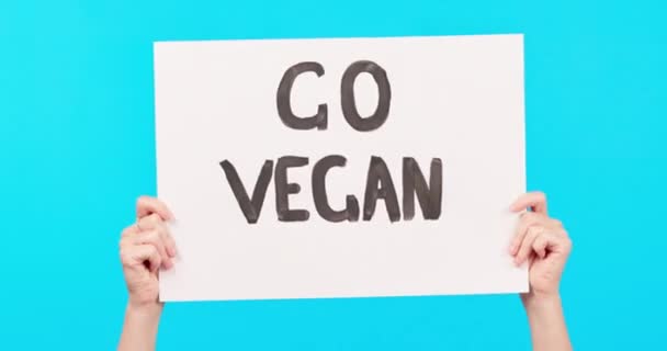 食事や栄養意識のためのスタジオで青の背景に手 ポスターやビーガン宣伝 動物虐待に抗議する看板を掲示板している人と署名 ニュース — ストック動画