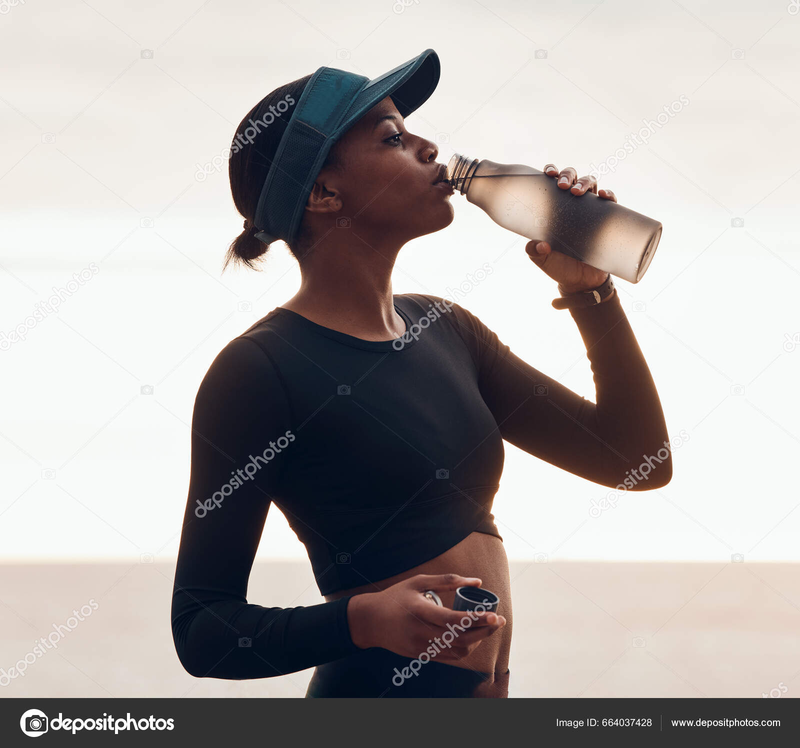 Fitness Black Woman Drinking Water Bottle Training Workout