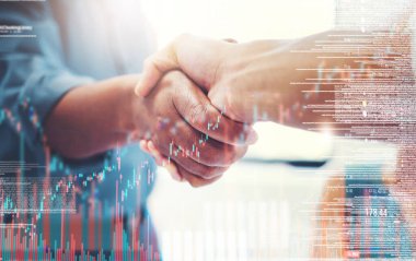 Business, handshake and collaboration on statistics double exposure. Shaking hands, deal and people with agreement on overlay with graph data for b2b acquisition, partnership and stock market trading. clipart