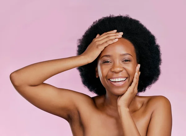 Portrait Smile Black Woman Skincare Makeup Dermatology Pink Studio Background — Stock Photo, Image