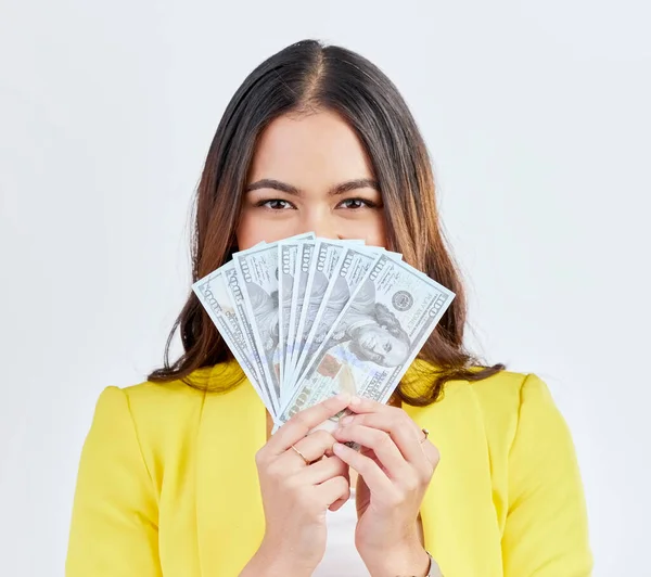 Money Portrait Hide Business Woman Cash Dollar Bills Competition Reward — Stock Photo, Image