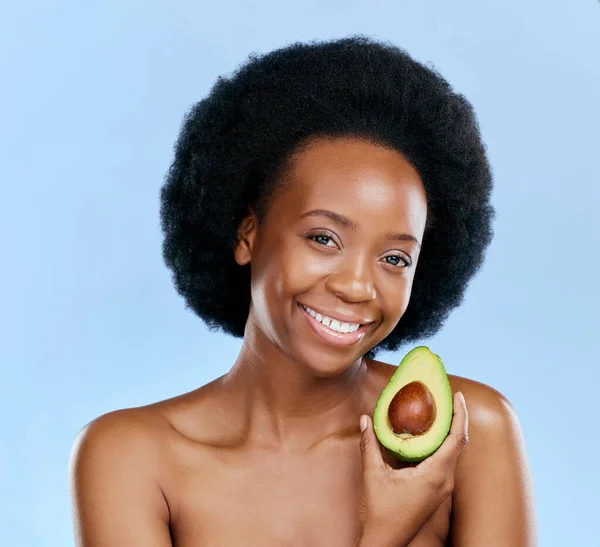 Portrait Beauty Avocado Black Woman Blue Background Studio Detox Wellness — Stock Photo, Image