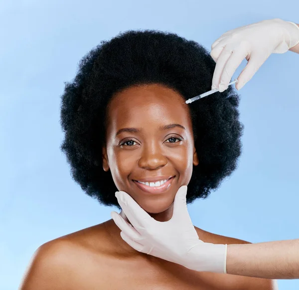 Mulher Negra Injeção Rosto Beleza Com Procedimento Cosmético Enchimentos Dermatologia — Fotografia de Stock