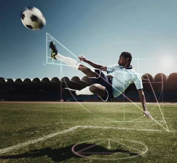 Jumping Man Soccer Graph Sports Field Glowing Hologram Generated Effect — Stock Photo, Image