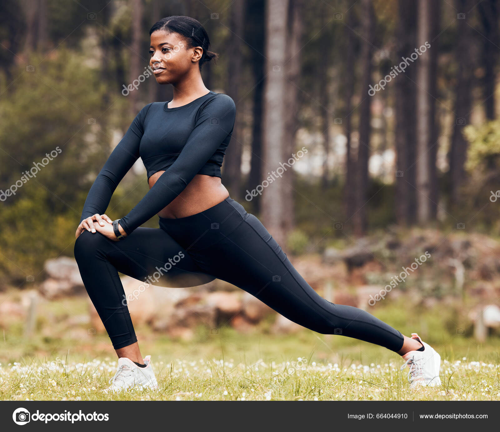 Stretching Workout Black Woman Lunge Nature Exercise Training Sports Forest  Stock Photo by ©PeopleImages.com 664044910