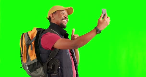 Селфі Зелений Екран Чорний Чоловік Телефоном Подорожей Фотографії Пригоди Подорожі — стокове відео