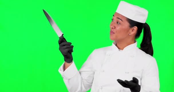 Chef Mulher Mão Com Uma Faca Uma Tela Verde Com — Vídeo de Stock