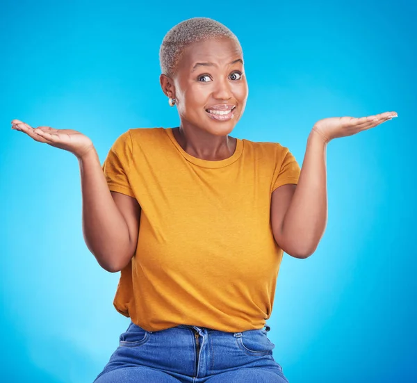 Black Woman Shrug Confused Portrait Studio Hand Gesture Emoji Sign — Stock Photo, Image