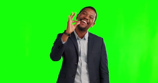 Hombre Negocios Mano Signo Una Pantalla Verde Con Una Sonrisa — Vídeos de Stock