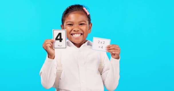 Face Math Education Girl Cards Studio Isolated Blue Background Learning — Stock Video