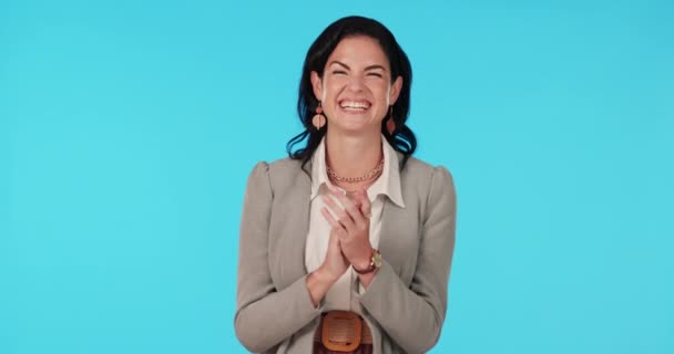 Business Woman Clapping Celebrate Win Success Blue Background Smile Female — Stock Video