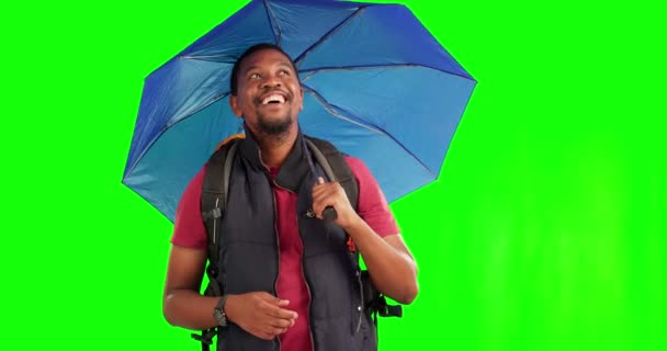 Backpacker Parasol Deszcz Dla Czarnego Człowieka Zielonym Ekranie Studio Szczęśliwy — Wideo stockowe