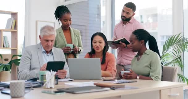 オフィスでは ビジネス関係者 ラップトップ チーム計画 コラボレーション または戦略でのミーティングが行われます 従業員の多様性とグループは プロジェクト計画のためにコンピュータで作業するチームワークの議論 — ストック動画