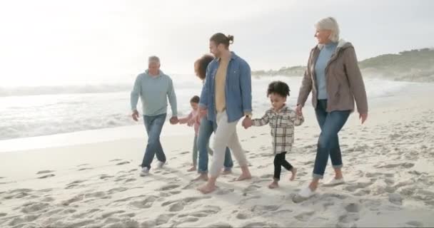 Glücklich Händchen Haltend Und Familie Strand Zum Wandern Binden Und — Stockvideo