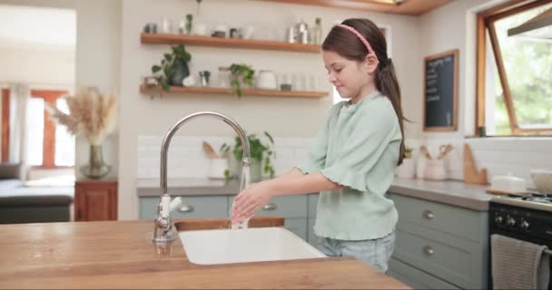 Criança Menina Lavagem Mãos Com Sabão Pia Cozinha Aprender Sobre — Vídeo de Stock