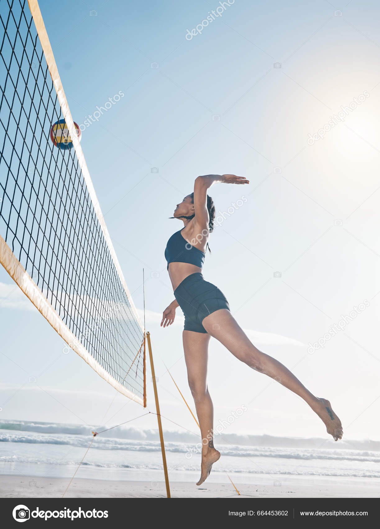 Woman Jump Volleyball Player Beach Net Serious Sports Match Game