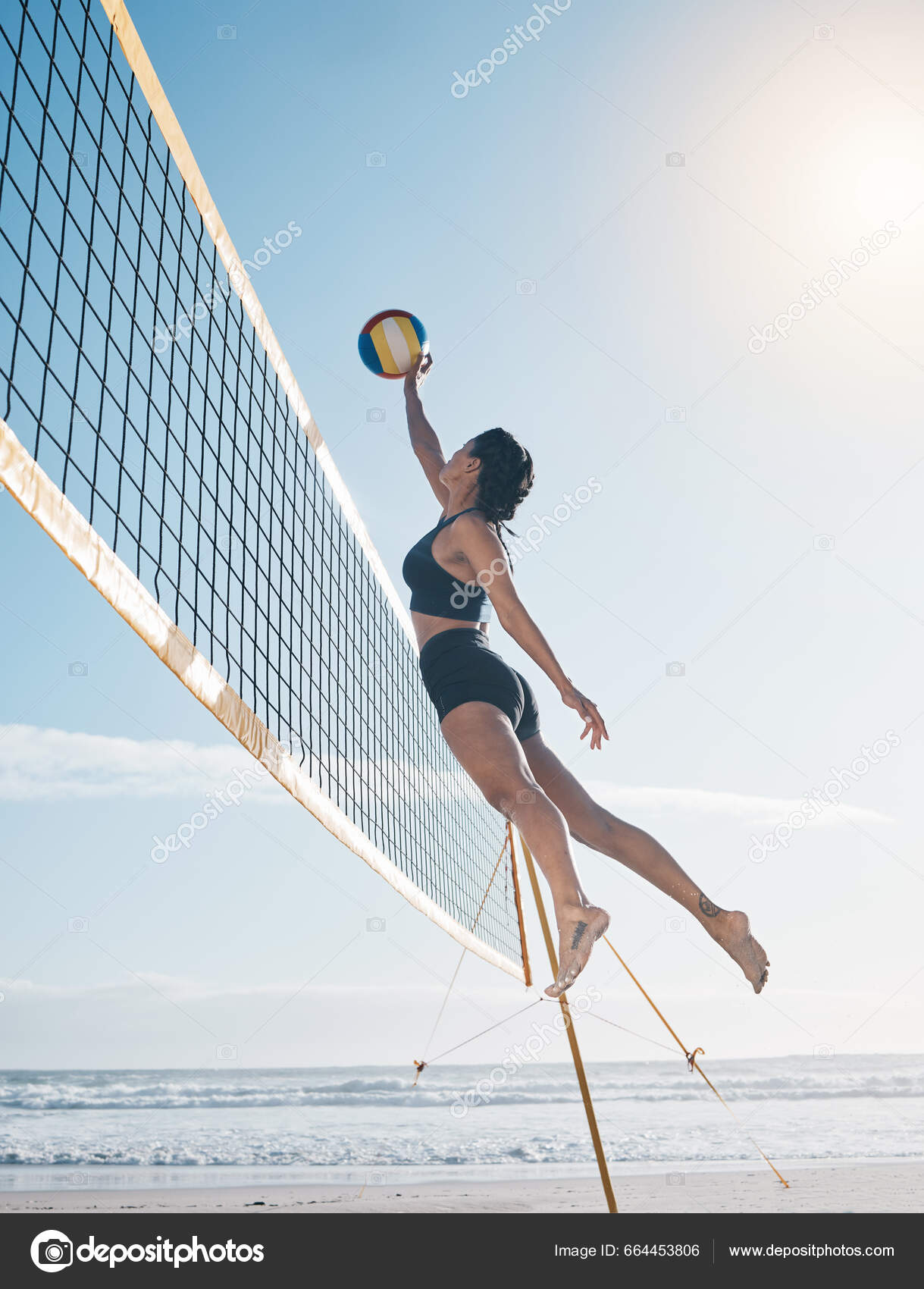 Woman Jump Volleyball Air Beach Net Serious Sports Match Game
