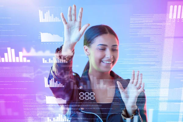 Hologram Screen Woman Hands Data Analytics Social Media Metrics Algorithm — Stock Photo, Image