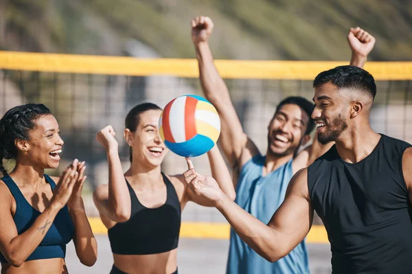 Menschen Volleyball Und Mannschaftsfeiern Strand Für Siege Siege Oder Sportliche — Stockfoto