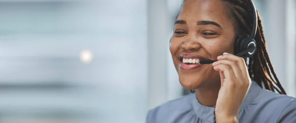 Call center banner, happy and black woman with a headset for consulting, online contact and telemarketing. Ecommerce, mockup and an African customer service worker with a smile for advice and support.