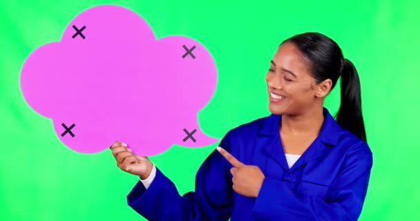 Pantalla Verde Mano Apuntando Cara Mujer Con Burbuja Habla Estudio — Vídeos de Stock