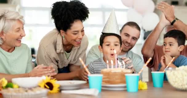 Birthday Party Child Blowing Candles Happy Family Celebrate Applause Singing — Stock Video
