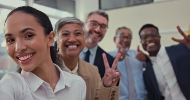 Les Gens Affaires Sourire Signe Paix Pour Selfie Dans Team — Video