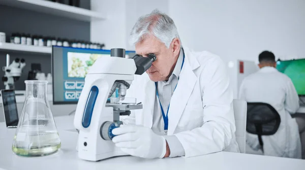 Mikroskop Apotek Och Forskning Med Gammal Man Laboratorium För Vetenskap — Stockfoto