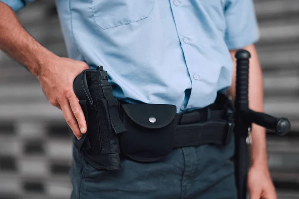 Mano Arma Seguridad Con Oficial Guardia Patrulla Ciudad Para Seguridad —  Fotos de Stock