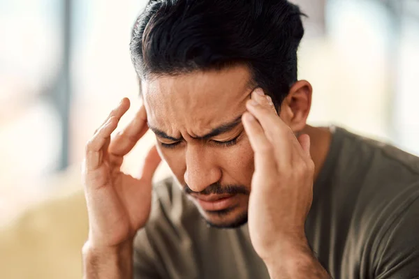 Man Headache Pain Home Stress Mental Health Fatigue Mind Problem — Stock Photo, Image