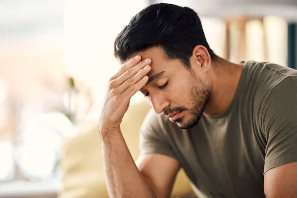 Tired Headache Stress Man Living Room Mental Health Fatigue Sad — Stock Photo, Image