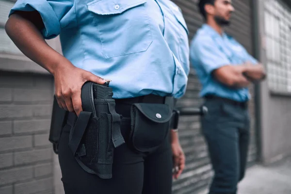 Mano Arma Seguridad Con Oficial Policía Guardia Patrulla Ciudad Para —  Fotos de Stock