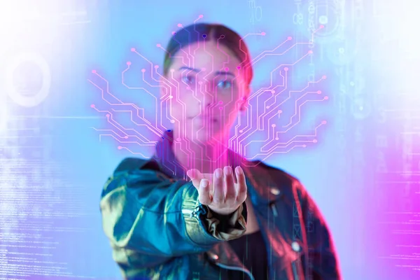 Hologram Neon Chart Portrait Woman Studio Cyberpunk Metaverse User Experience — Stock Photo, Image