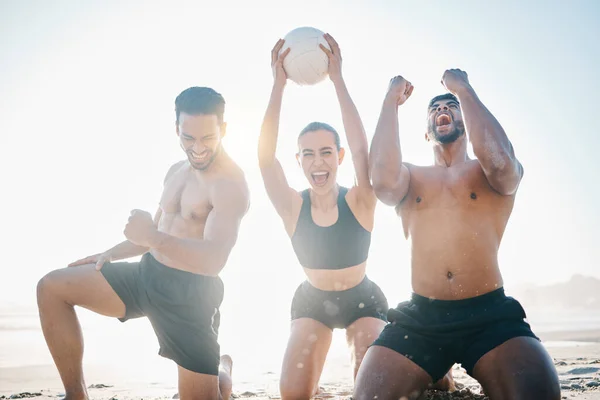 Mutlu Insanlar Voleybol Plajda Kazanmak Açık Havada Zafer Başarı Takım — Stok fotoğraf