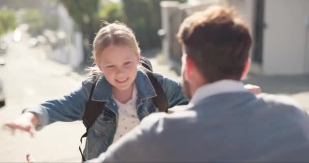 Father Child Running Hug School Street Outdoor Bonding Happy Together — Stock Video