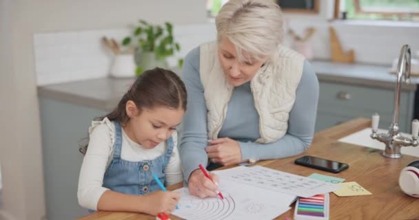Büyükannem Evde Yaratıcılık Için Torunuyla Birlikte Mutfakta Resim Çiziyor Eğitim — Stok video