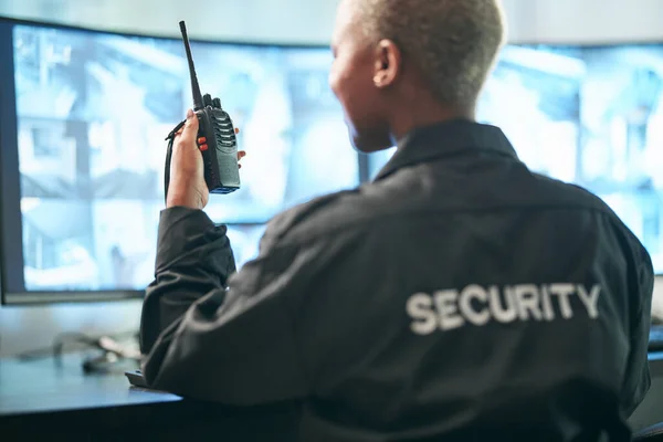Back Security Radio Surveillance Woman Officer Control Monitor Criminal Activity — Stock Photo, Image