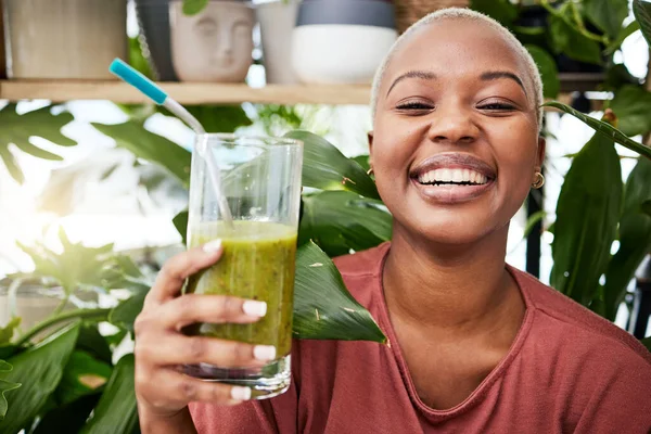 Saúde Dieta Feliz Com Mulher Negra Smoothie Para Desintoxicação Café — Fotografia de Stock