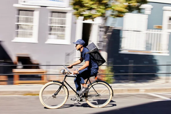 Transporte Entrega Bicicleta Com Pacote Rua Cidade Para Serviço Distribuição — Fotografia de Stock