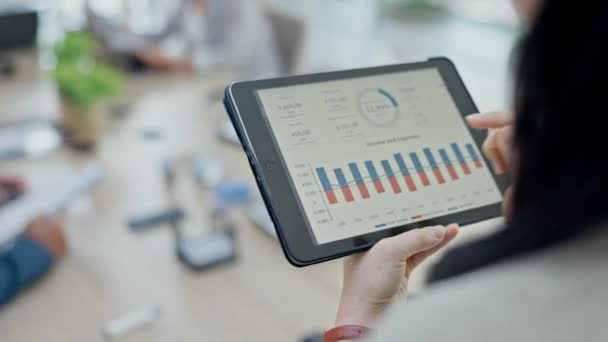 Mulher Negócios Mãos Tablet Para Análise Dados Estatísticas Gráfico Gráfico — Vídeo de Stock
