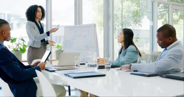 关于营销战略 项目建议书和培训的商业会议 情况介绍和女经理 白板和白板上的演讲者的领导 演讲和专业机构 — 图库视频影像
